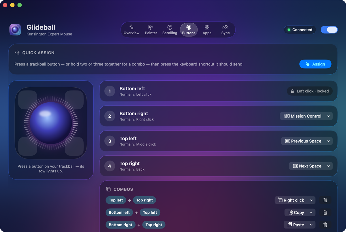 Glideball's Buttons tab: Quick assign, the four buttons mapped to Left click (locked), Mission Control, Previous Space and Next Space, and combos such as Top left plus Top right for Control-right-click.