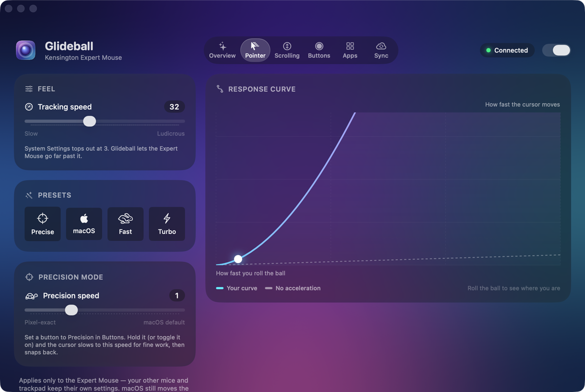 Glideball's Pointer tab: a Tracking speed slider set to 32, presets for Precise, macOS, Fast and Turbo, and a response curve rising far above the dashed no-acceleration line.