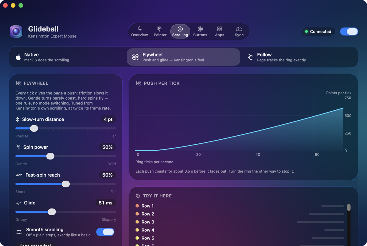 Glideball's Scrolling tab with Flywheel selected: sliders for slow-turn distance, spin power and glide, and a Push per tick graph that rises with ring speed.